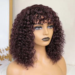 Glueless Burgundy Color Curly Wig With Bangs