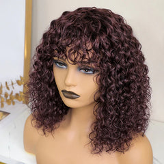 Glueless Burgundy Color Curly Wig With Bangs