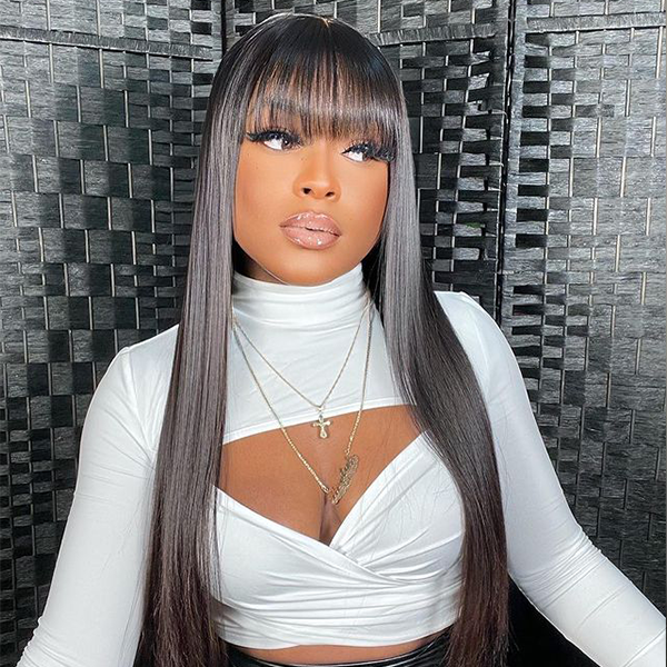 Machine Black Silky Straight Wig With Bang