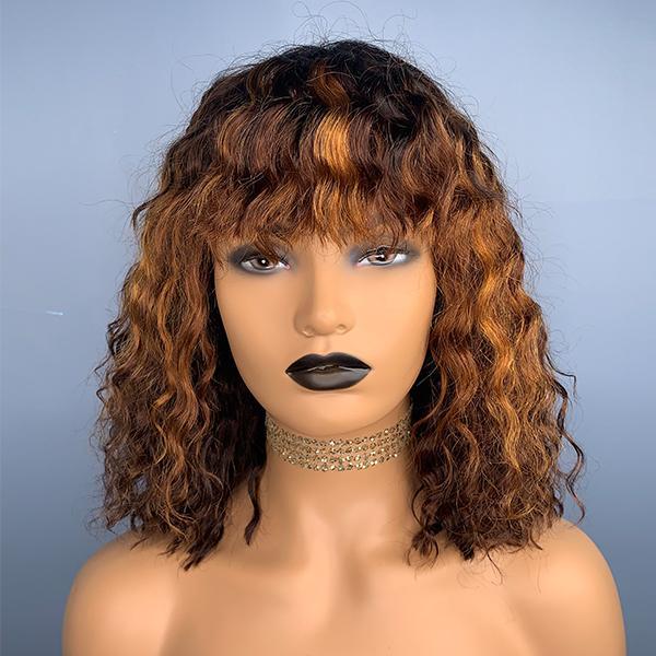 Marvelous Mix Color Curly Bob Wig With Bangs